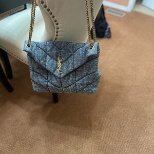 Yves Saint Laurent Blue Quilted Shoulder Bag with Gold Chain